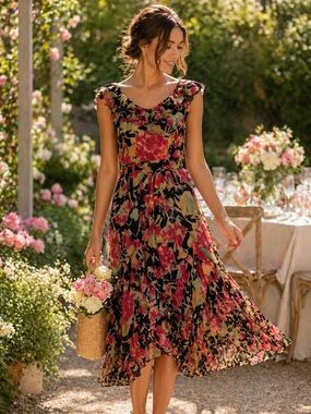 Ralph Lauren Floral Ruffle Midi Dress Black Pink Feminine Romantic Size 6